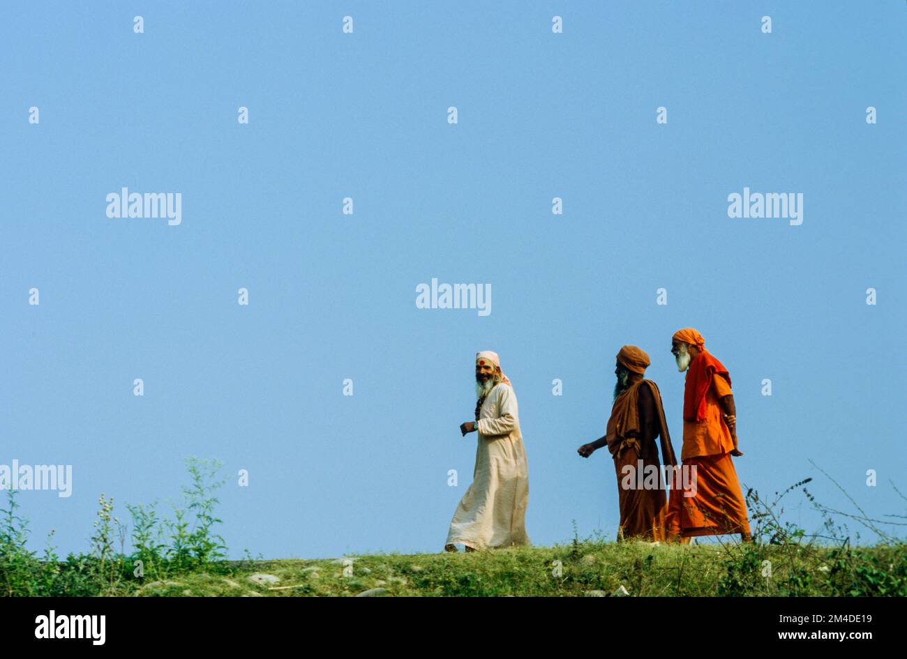 Un gruppo di Sadhus tornando al loro ashram vicino ad Haridwar Foto Stock