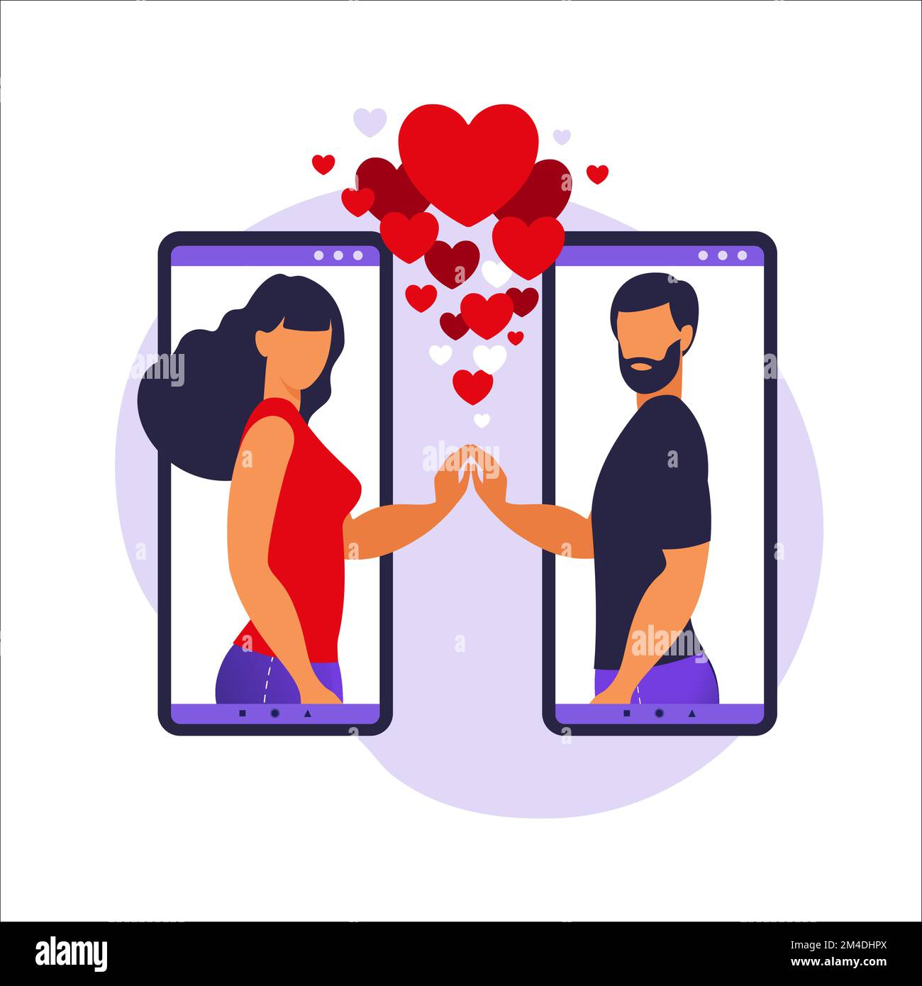 App Romance, relazioni virtuali, comunicazione, concetto di social media. Due smartphone con datazione applicazione che aiutano le persone a trovare l'amore. Vettore Illustrazione Vettoriale