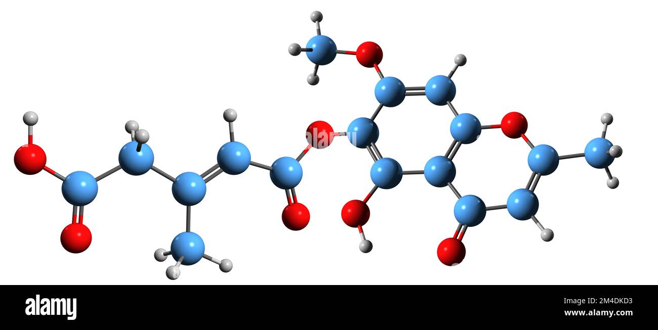 3D immagine della formula scheletrica dell'acido leprarico - struttura chimica molecolare del lichen fitochimico isolato su sfondo bianco Foto Stock