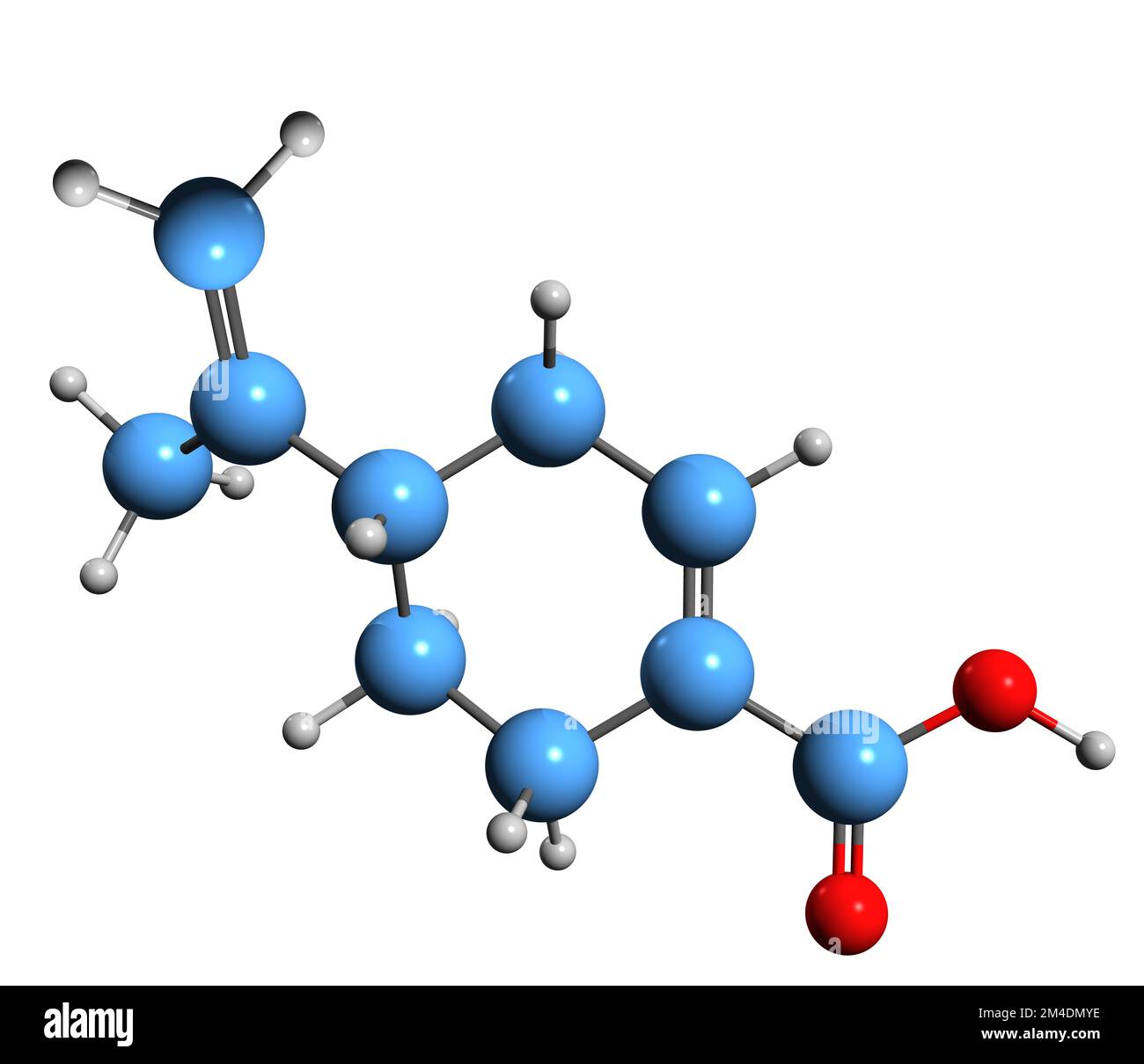 3D immagine della formula scheletrica dell'acido perillico - struttura chimica molecolare dell'acido 4-isopropenilcicloeside-1-encarbossilico isolato su sfondo bianco Foto Stock