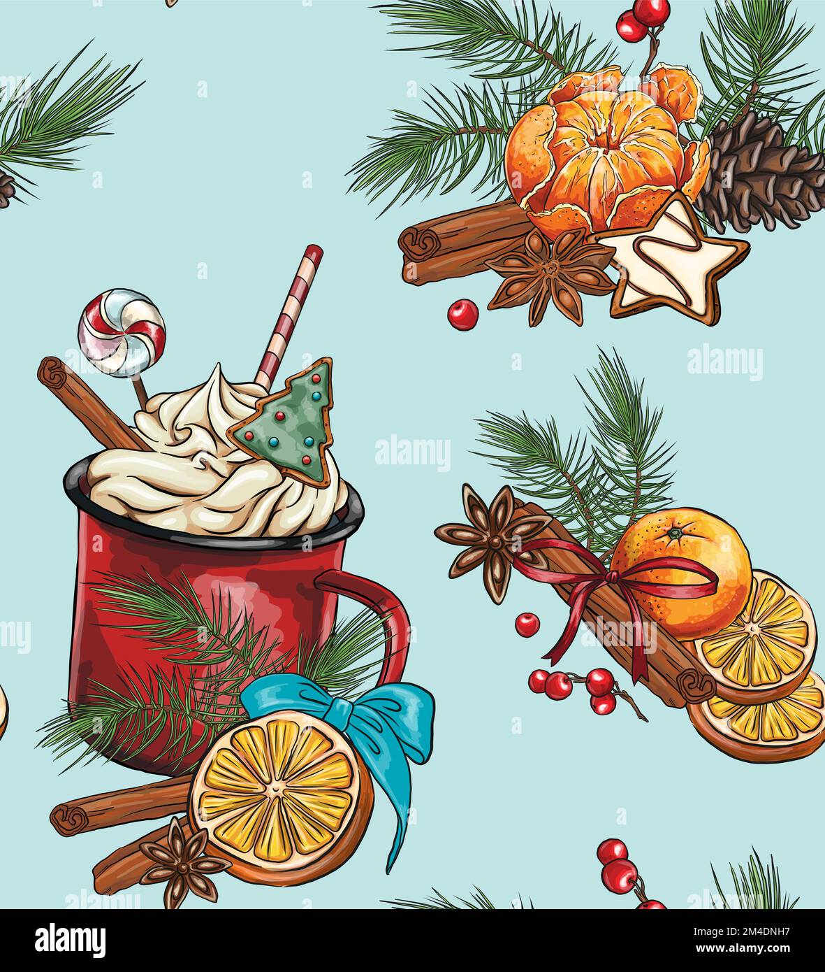 Motivi di vacanza senza cuciture di spezie per tè e caffè: Cannella, limone, anice stellato, composizione natalizia con biscotti. Composizione disegnata a mano con c Illustrazione Vettoriale