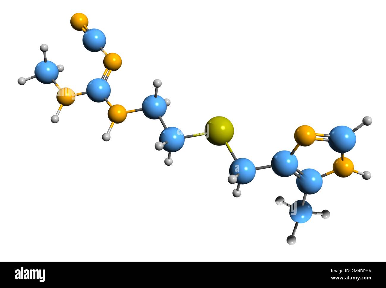 3D immagine della formula scheletrica di Cimetidina - struttura chimica molecolare dell'antagonista del recettore H2 dell'istamina isolato su sfondo bianco Foto Stock