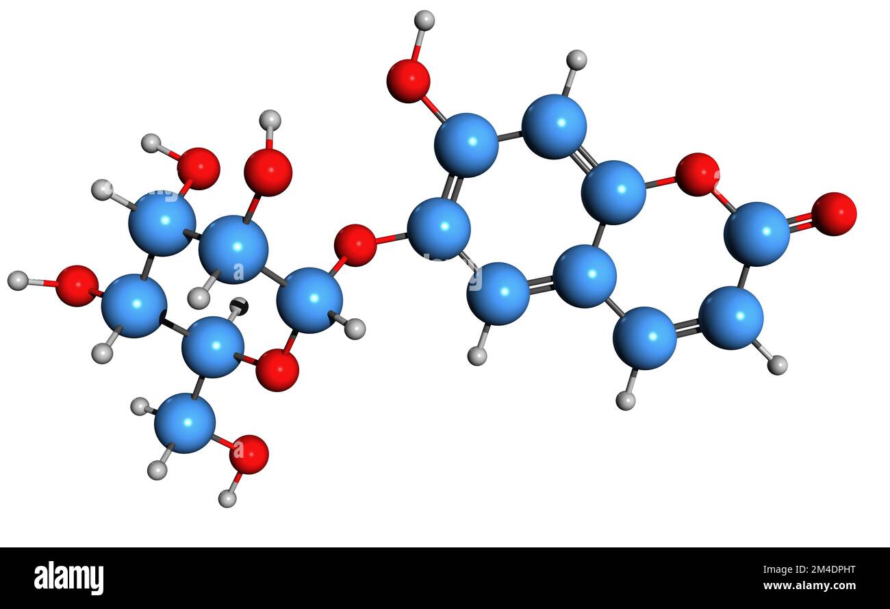 3D immagine della formula scheletrica di aesculina - struttura chimica molecolare del glucoside cumarina isolato su sfondo bianco Foto Stock