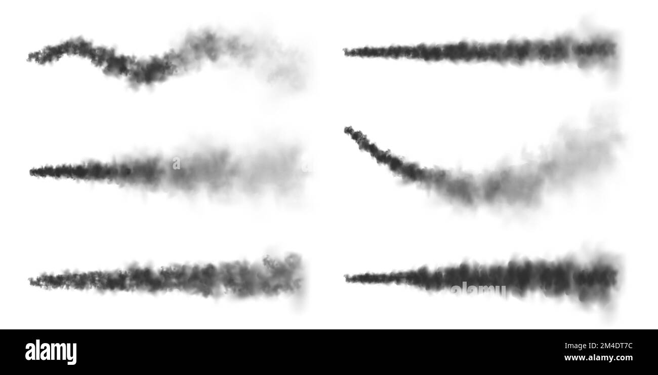 Missile realistico o bullet trail. Piste di condensazione di aerei, piste di aerei a reazione. Lancio del razzo spaziale. Nubi di fumo nero, esplosione. Flusso di vapore Illustrazione Vettoriale