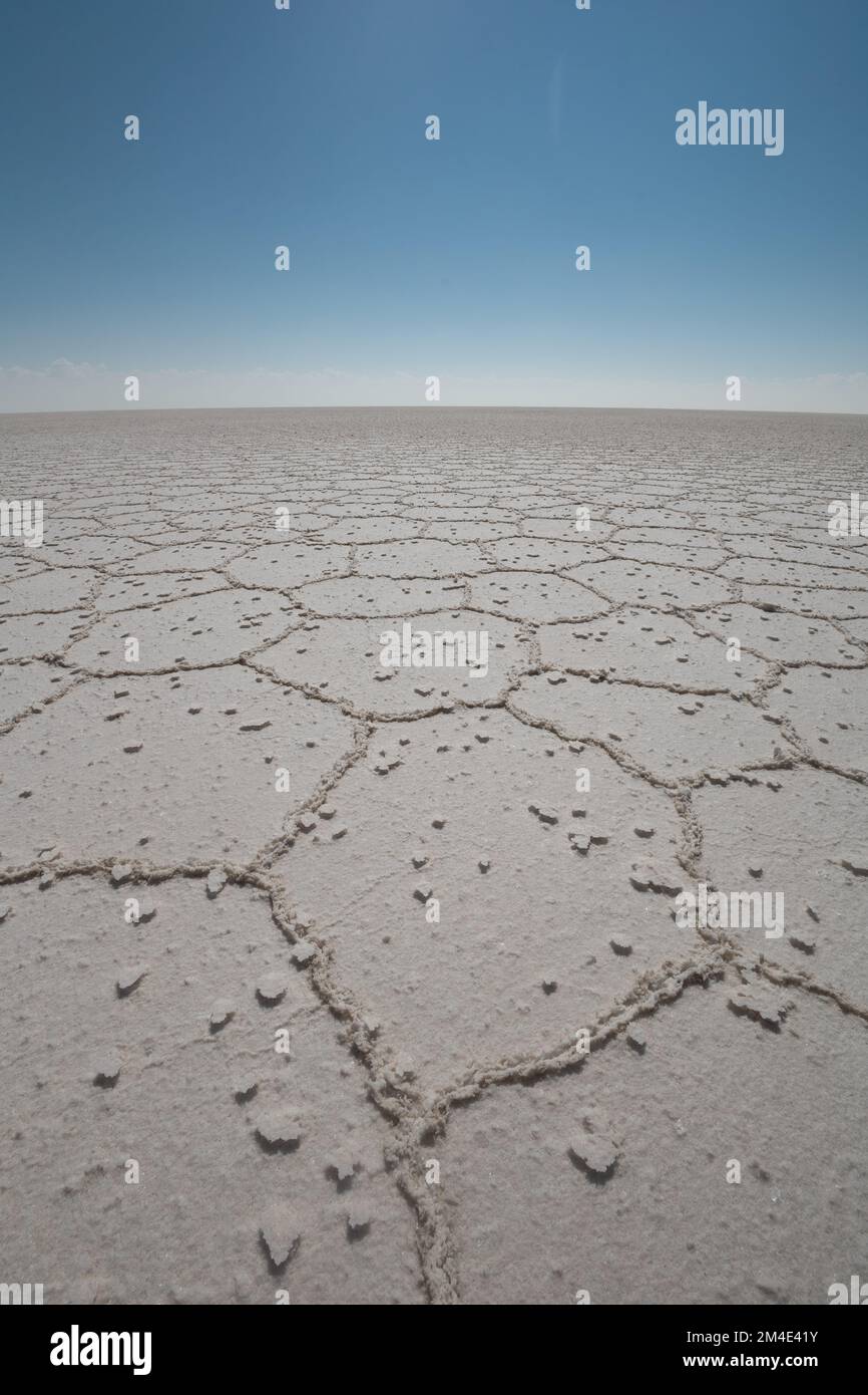 dettagli del pavimento del deserto incrinato in una giornata di sole, paesaggio con orizzonte tra terra e cielo, carta da parati senza persone Foto Stock