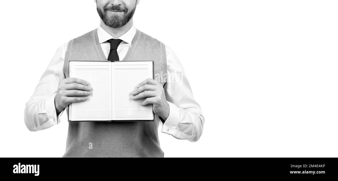 uomo d'affari tagliato con libro e posto per spazio copia isolato su sfondo bianco, bookman Foto Stock