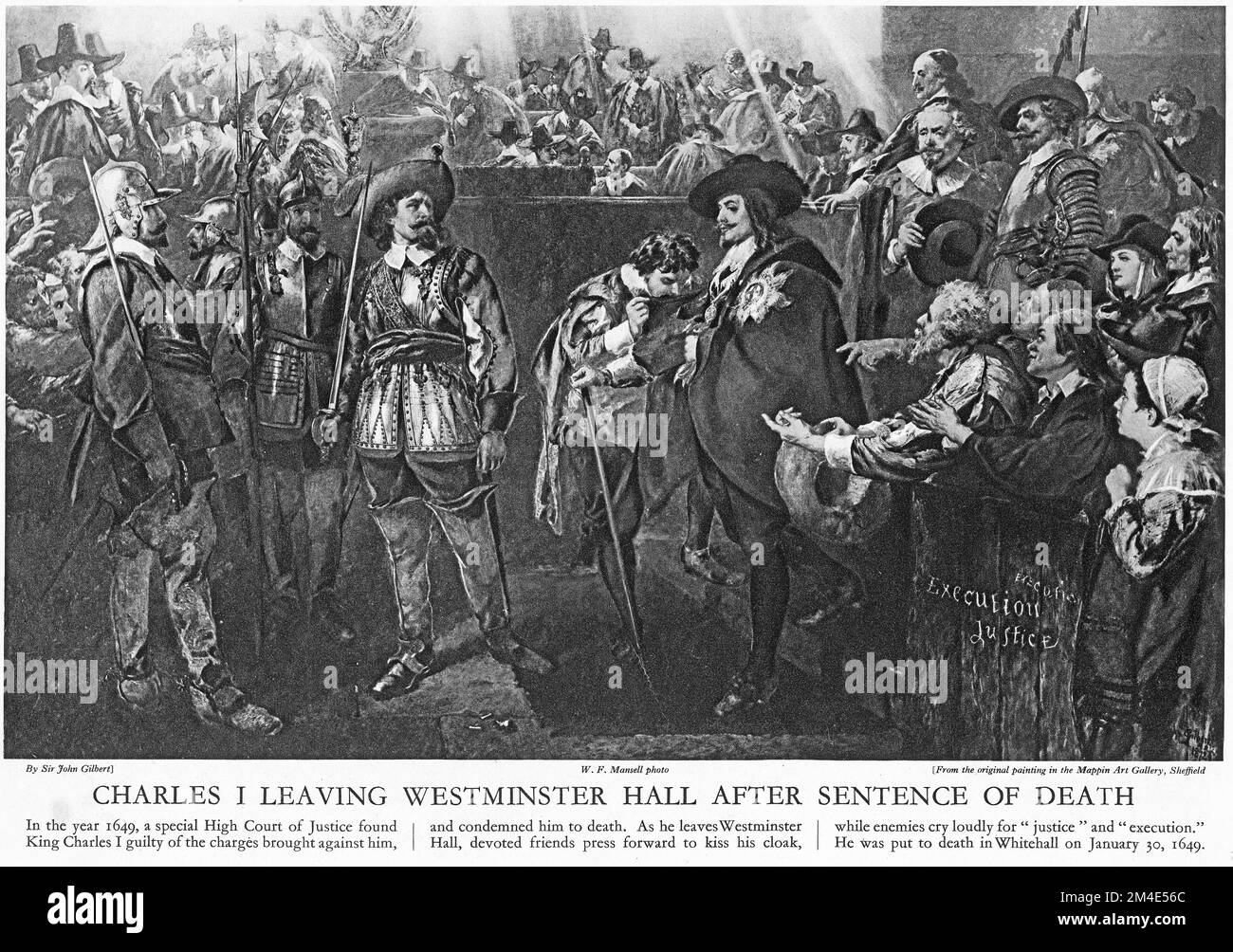 Halftone di Carlo i lascia Westminster Hall dopo aver ricevuto la sua condanna a morte, da una pubblicazione educativa nel 1927. Foto Stock
