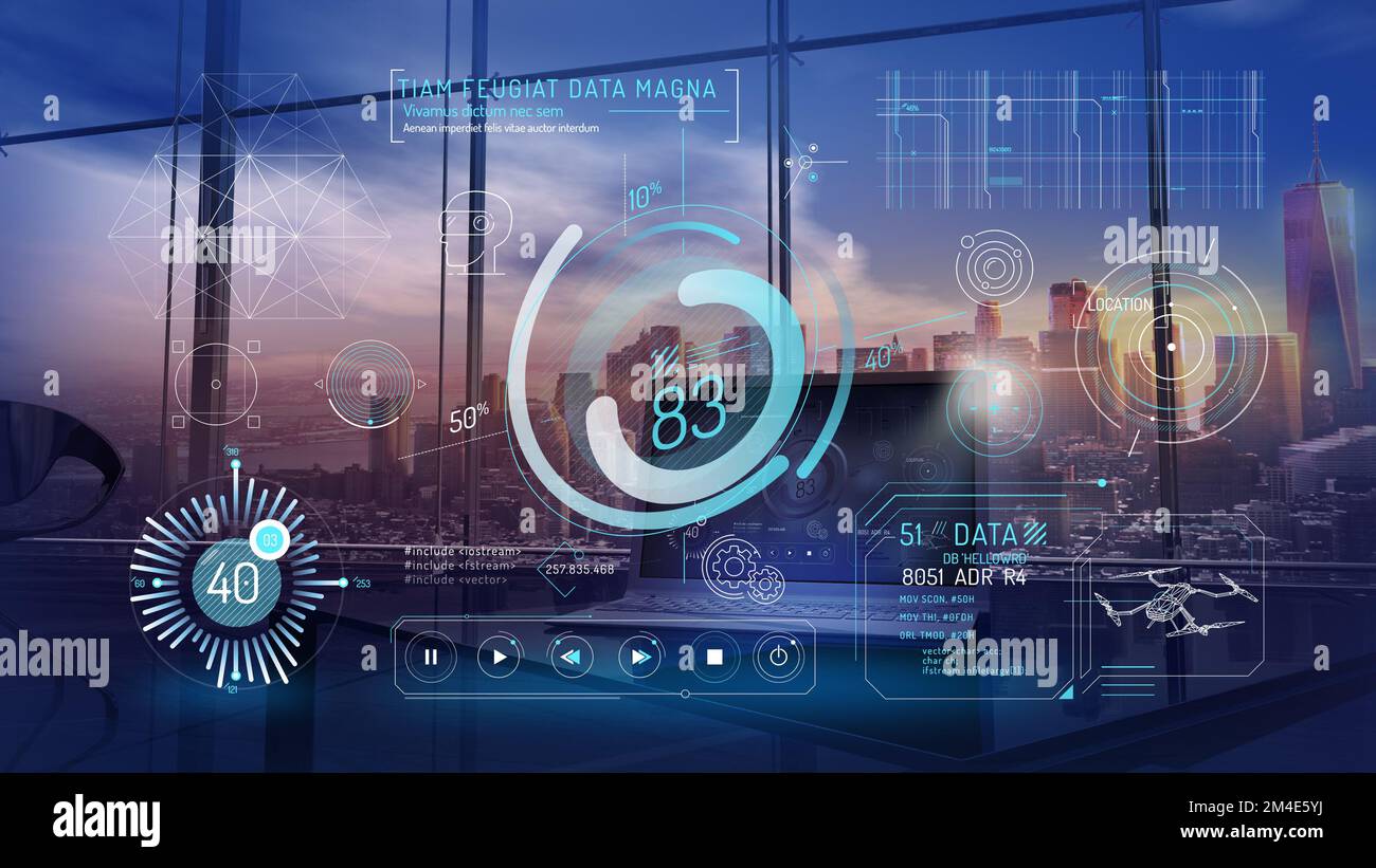 Infografica con elementi di controllo virtuale dei droni. Foto Stock