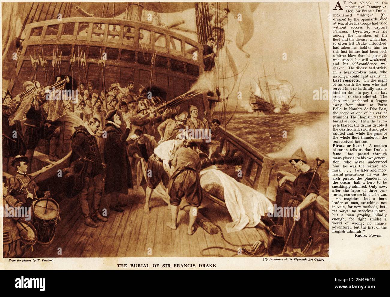 Mezzotono della sepoltura di Sir Francis Drake in mare, da una pubblicazione educativa nel 1927. Foto Stock