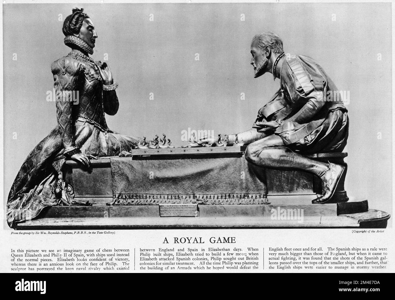 Halftone della regina Elisabetta in un gioco immaginario di scacchi con Filippo II di Spagna, da una pubblicazione educativa nel 1927. Foto Stock