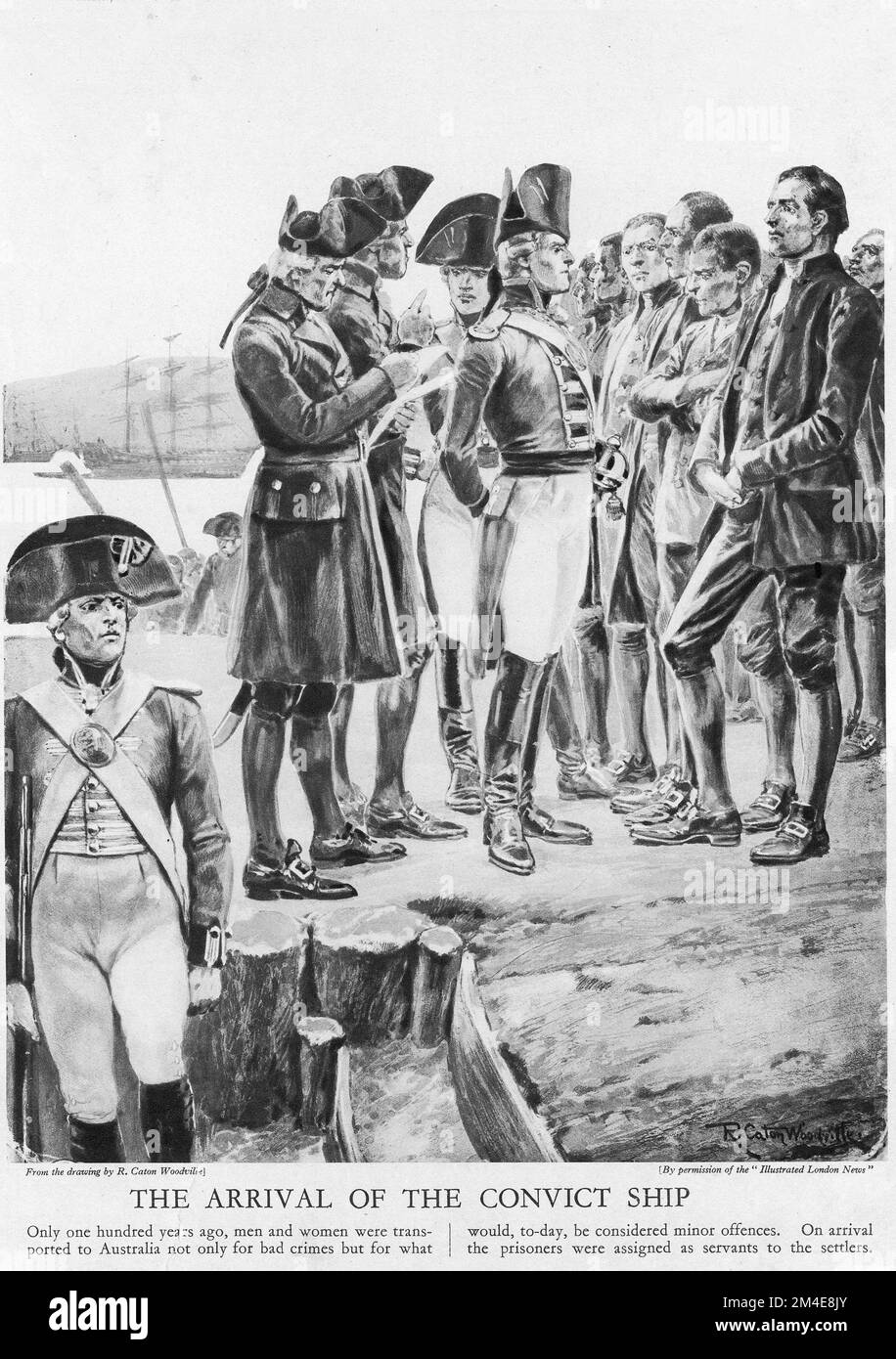Halftone dell'arrivo di una nave condannata in una colonia penale australiana, da una pubblicazione educativa nel 1927. Foto Stock