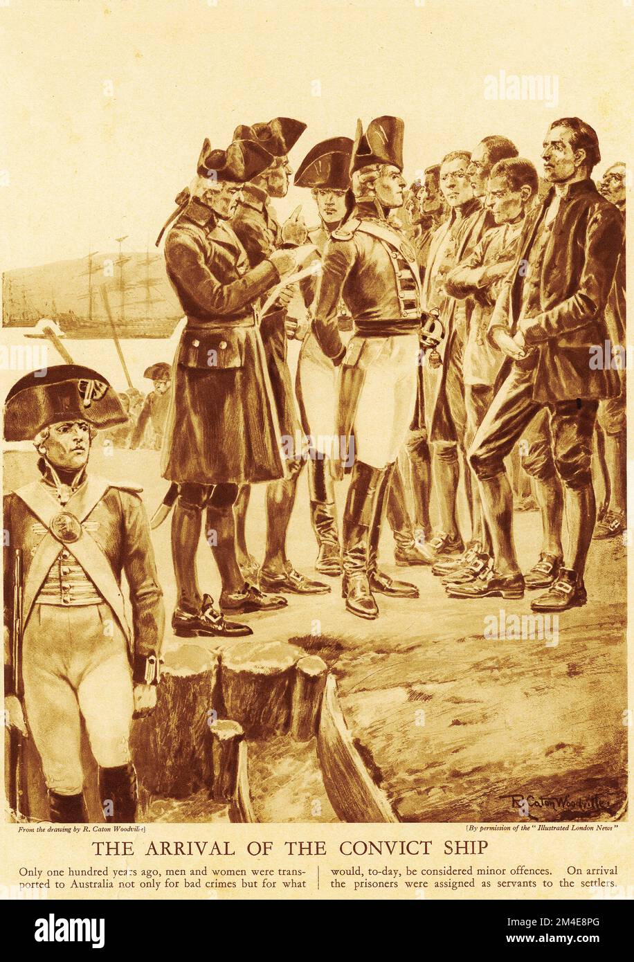 Halftone dell'arrivo di una nave condannata in una colonia penale australiana, da una pubblicazione educativa nel 1927. Foto Stock