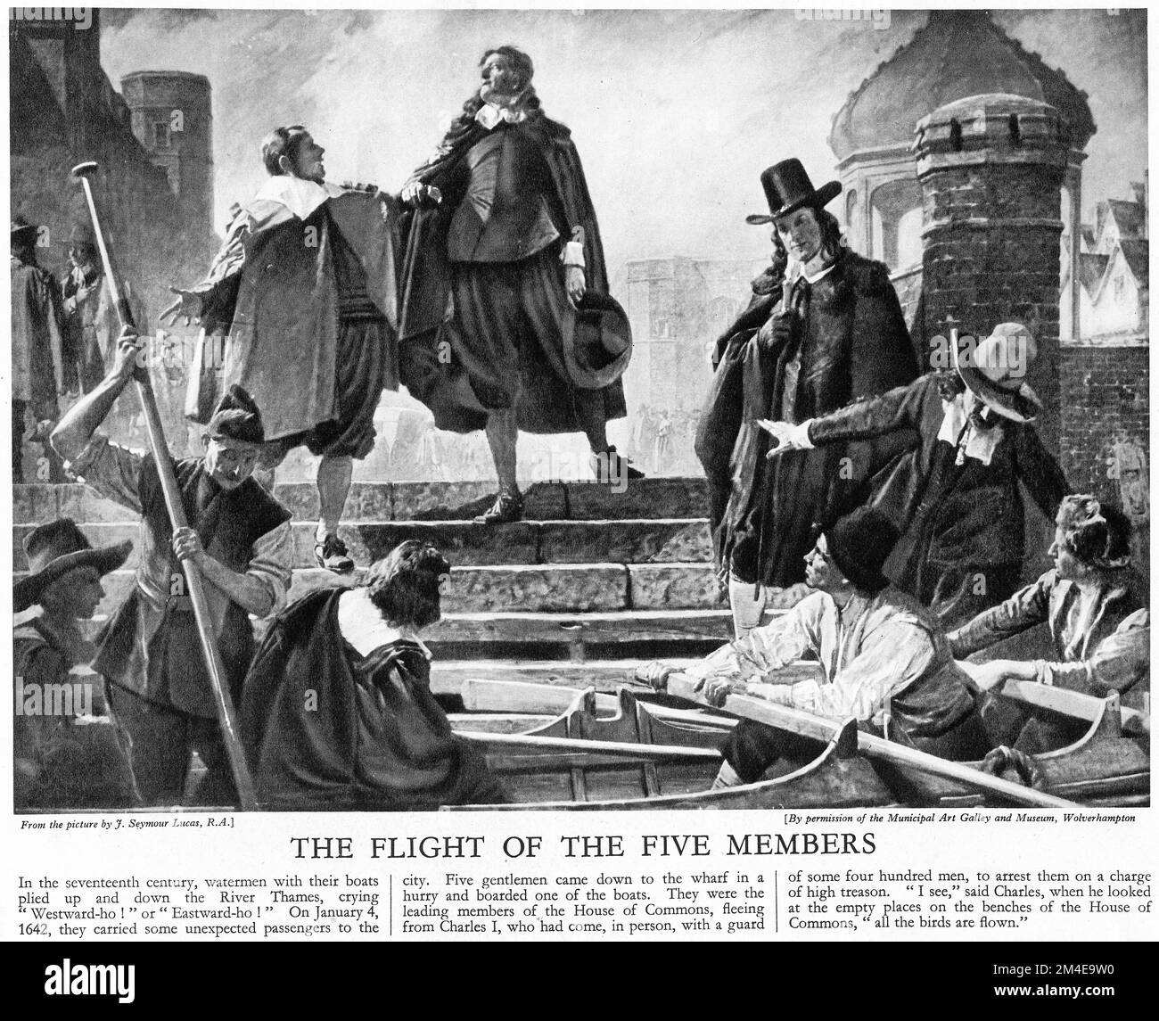 Halftone di Carlo i alla ricerca di cinque membri della Camera dei Comuni che sono appena sfuggiti all'arresto, da una pubblicazione educativa nel 1927. Questi eventi hanno portato alla guerra civile che si è conclusa in Charles che è stato processato, condannato e giustiziato. Foto Stock