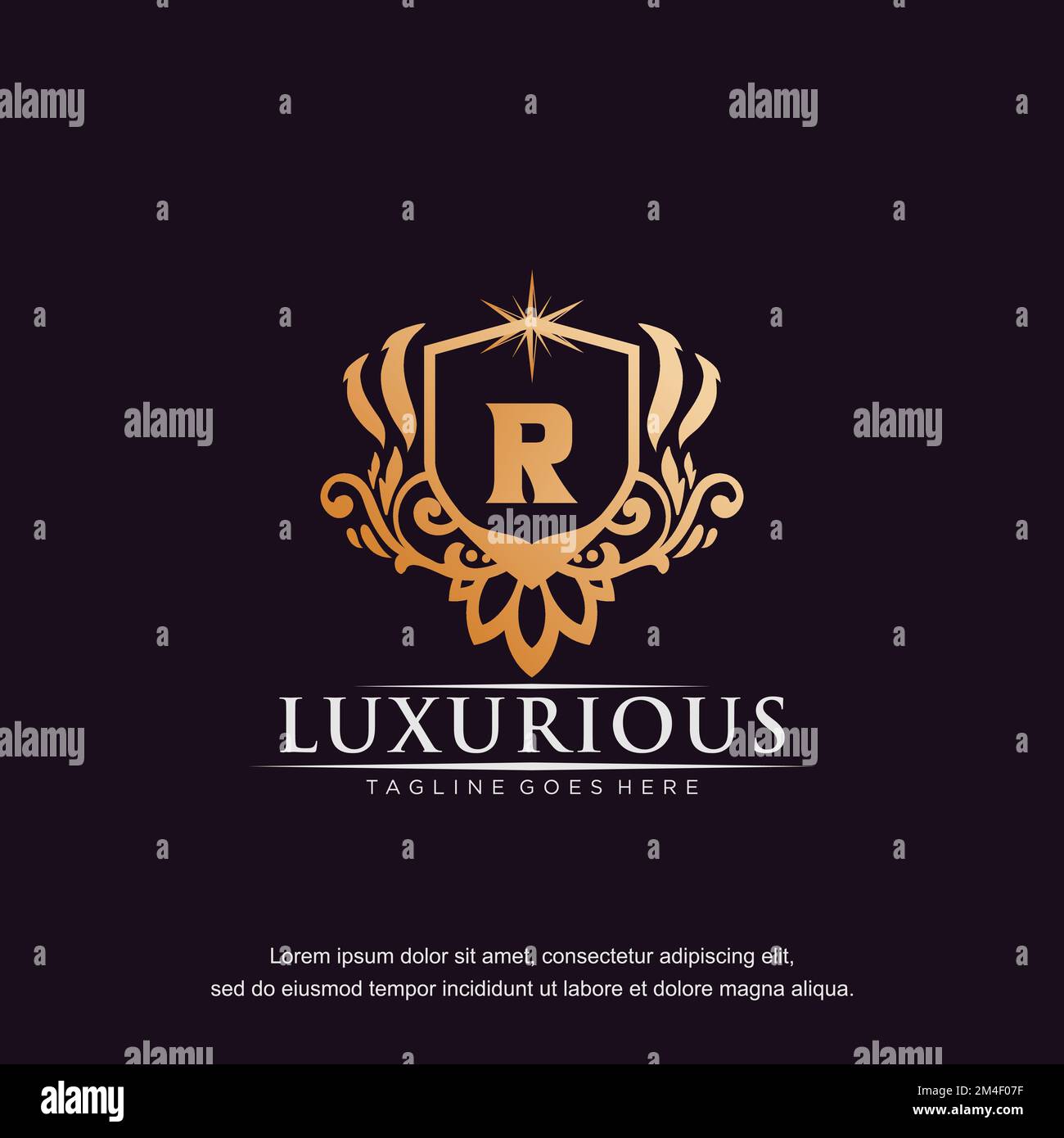 R lettera iniziale di lusso ornamento oro monogramma logo vettore modello. Illustrazione Vettoriale