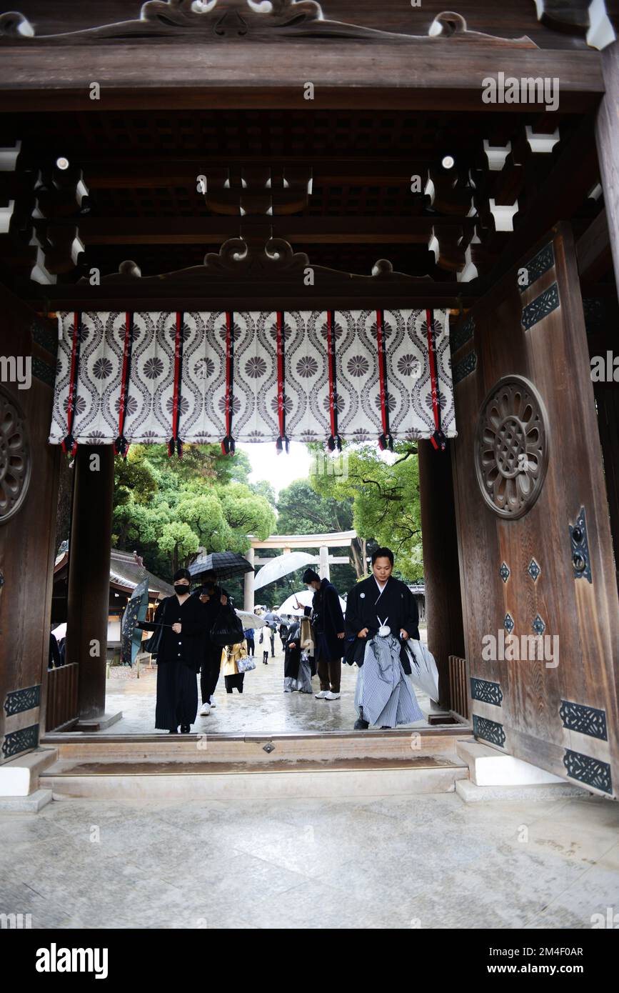 Una famiglia giapponese vestita tradizionalmente celebrava il festival Shichi-Go-San (rito giapponese di passaggio) al Santuario Meiji di Tokyo, Giappone. Foto Stock