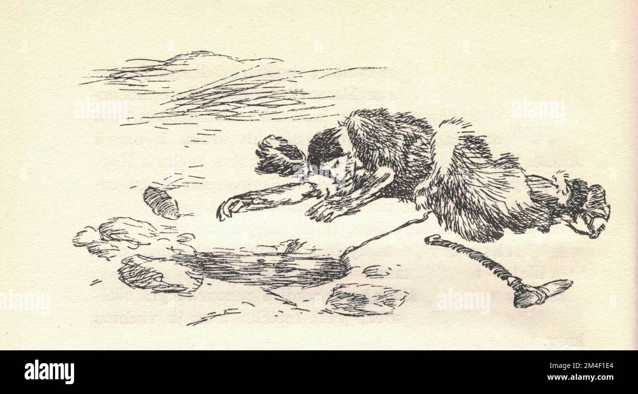 Un cacciatore preistorico esausto riposa sul ghiaccio. Raffigurazione di un animale preistorico. Vecchia illustrazione in bianco e nero. Disegno vintage. Illustrazione di Zdenek Burian. Zdenek Michael Frantisek Burian (Koprivnice, 11 febbraio 1905 – Praga, 1 luglio 1981 – Cecoslovacchia) è stato un . Originariamente riconosciuta solo nella sua Cecoslovacchia nativa, la fama di Burian successivamente si diffuse ad un pubblico internazionale durante una carriera notevole che si estende per sei decenni Foto Stock