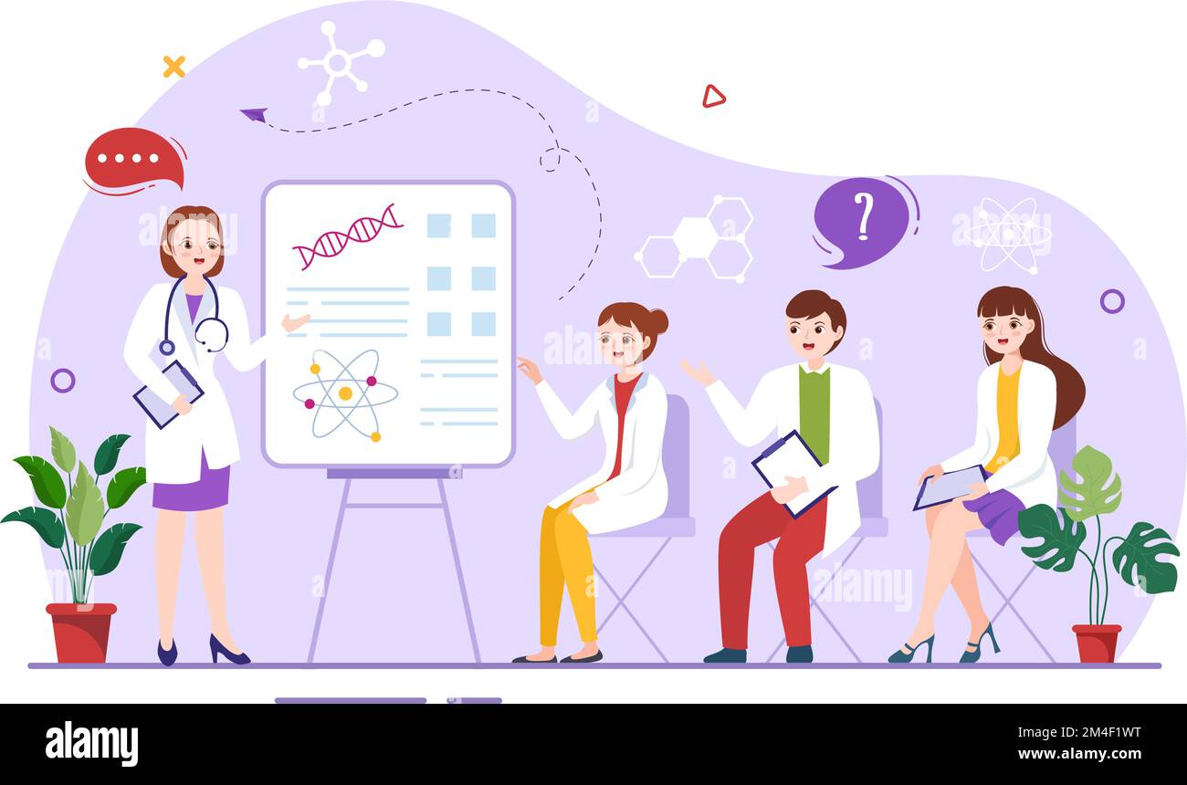 Scuola di Medicina con gli studenti che ascoltano la lezione di Dottore e la scienza di apprendimento in aula in Cartoon piano modello disegnato a mano Illustrazione Illustrazione Vettoriale