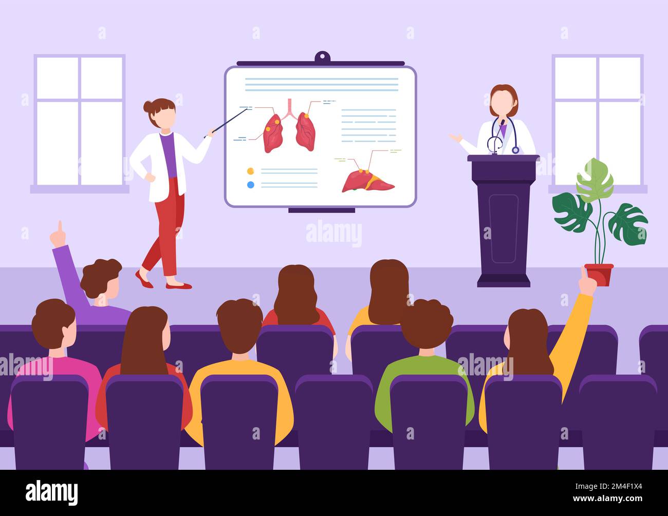 Scuola di Medicina con gli studenti che ascoltano la lezione di Dottore e la scienza di apprendimento in aula in Cartoon piano modello disegnato a mano Illustrazione Illustrazione Vettoriale