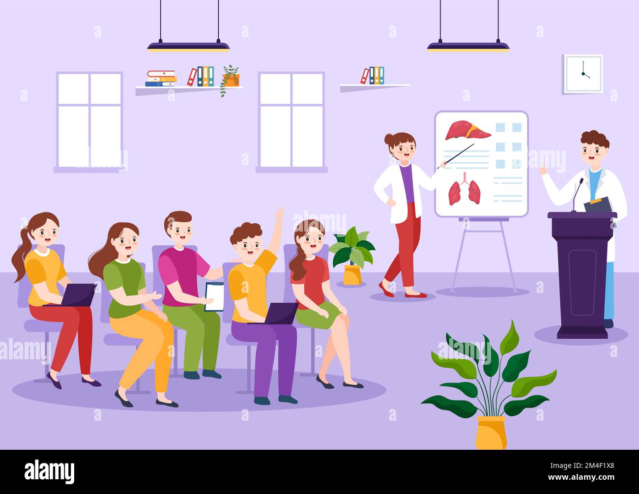 Scuola di Medicina con gli studenti che ascoltano la lezione di Dottore e la scienza di apprendimento in aula in Cartoon piano modello disegnato a mano Illustrazione Illustrazione Vettoriale