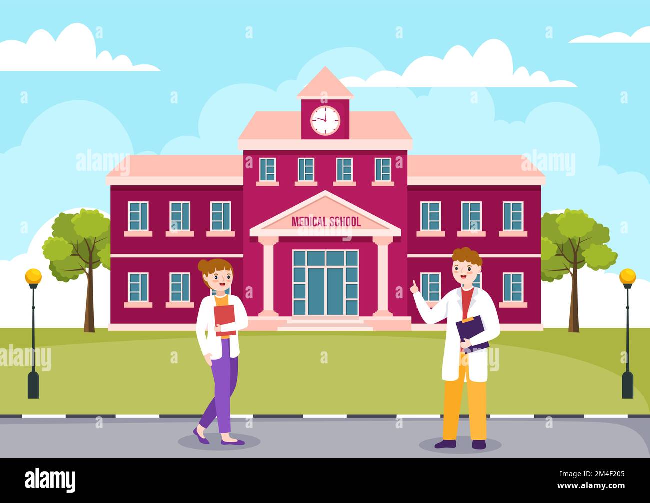 Scuola di Medicina con gli studenti che ascoltano la lezione di Dottore e la scienza di apprendimento in aula in Cartoon piano modello disegnato a mano Illustrazione Illustrazione Vettoriale