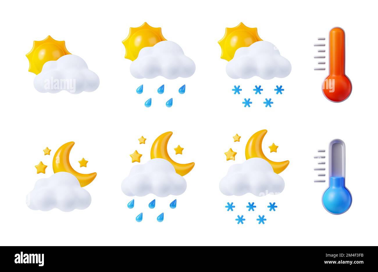 Previsioni del tempo, icone meteorologiche con sole, luna, nuvole, gocce di pioggia, neve e termometri.simboli giorno e notte per il tempo piovoso e nevoso, temperatura dell'aria calda e fredda, set di rendering 3D Foto Stock