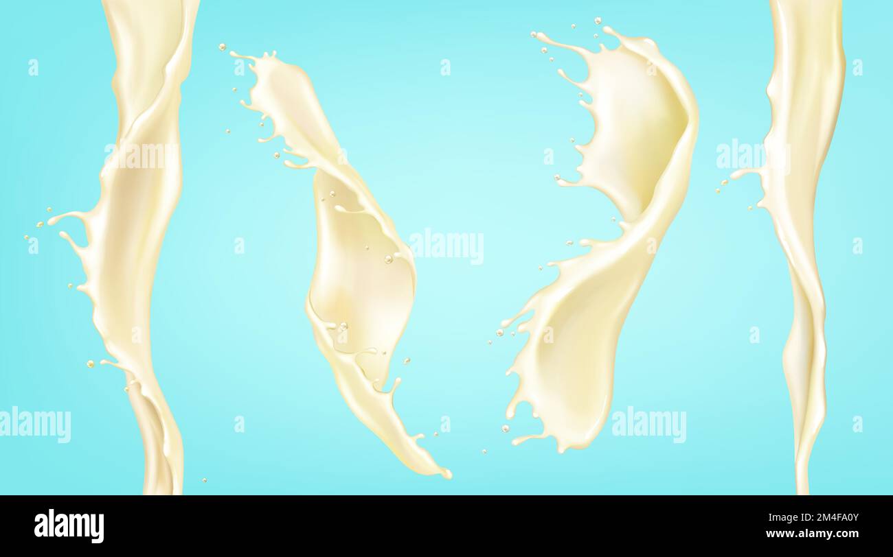 Spruzzi di latte alla vaniglia e ruscello. Vettore realistico mockup di  onde a spirale di crema liquida, yogurt, latticini. Flusso contorto di  latte con spruzzi e acqua Immagine e Vettoriale - Alamy