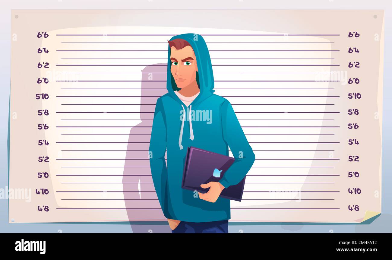 Cyber crimine, hacker Mugshot. IT adolescente criminale con portatile in piedi sulla misurazione di sfondo scala di altezza in stazione di polizia. Uomo in posa con cappuccio per identificazione tazza shot Cartoon vettore illustrazione Illustrazione Vettoriale