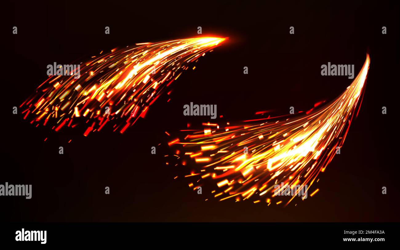 Scintille di saldatura isolate su sfondo scuro. Effetto di svasatura realistico vettoriale di saldatura del metallo, taglio del ferro, lavori di smerigliatura. Set di lampi luminosi di opere industriali con acciaio, torcia o fuochi d'artificio Illustrazione Vettoriale
