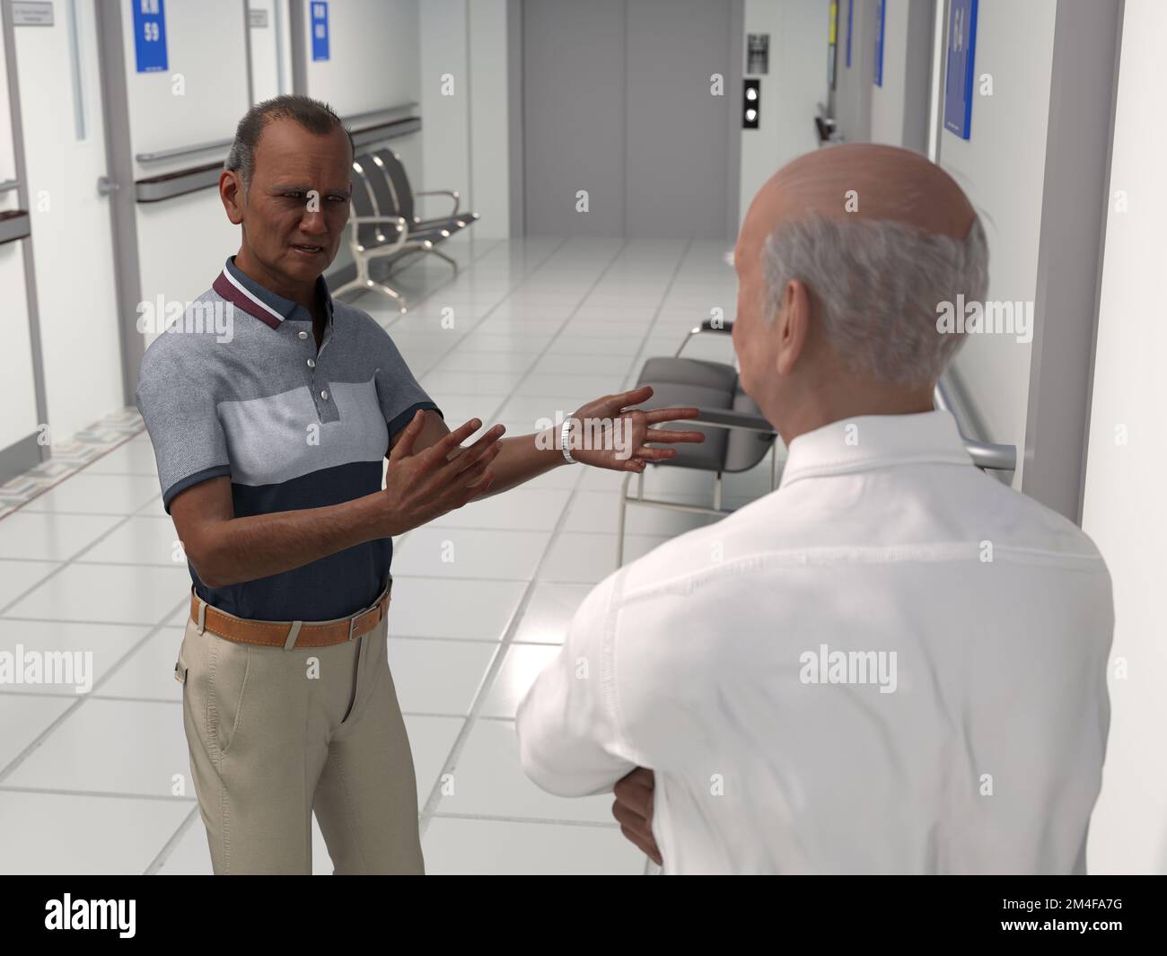 Un uomo anziano spiega una situazione grave con un medico o un dirigente ospedaliero in un corridoio fuori dalle stanze dei pazienti. Rendering 3D. Foto Stock
