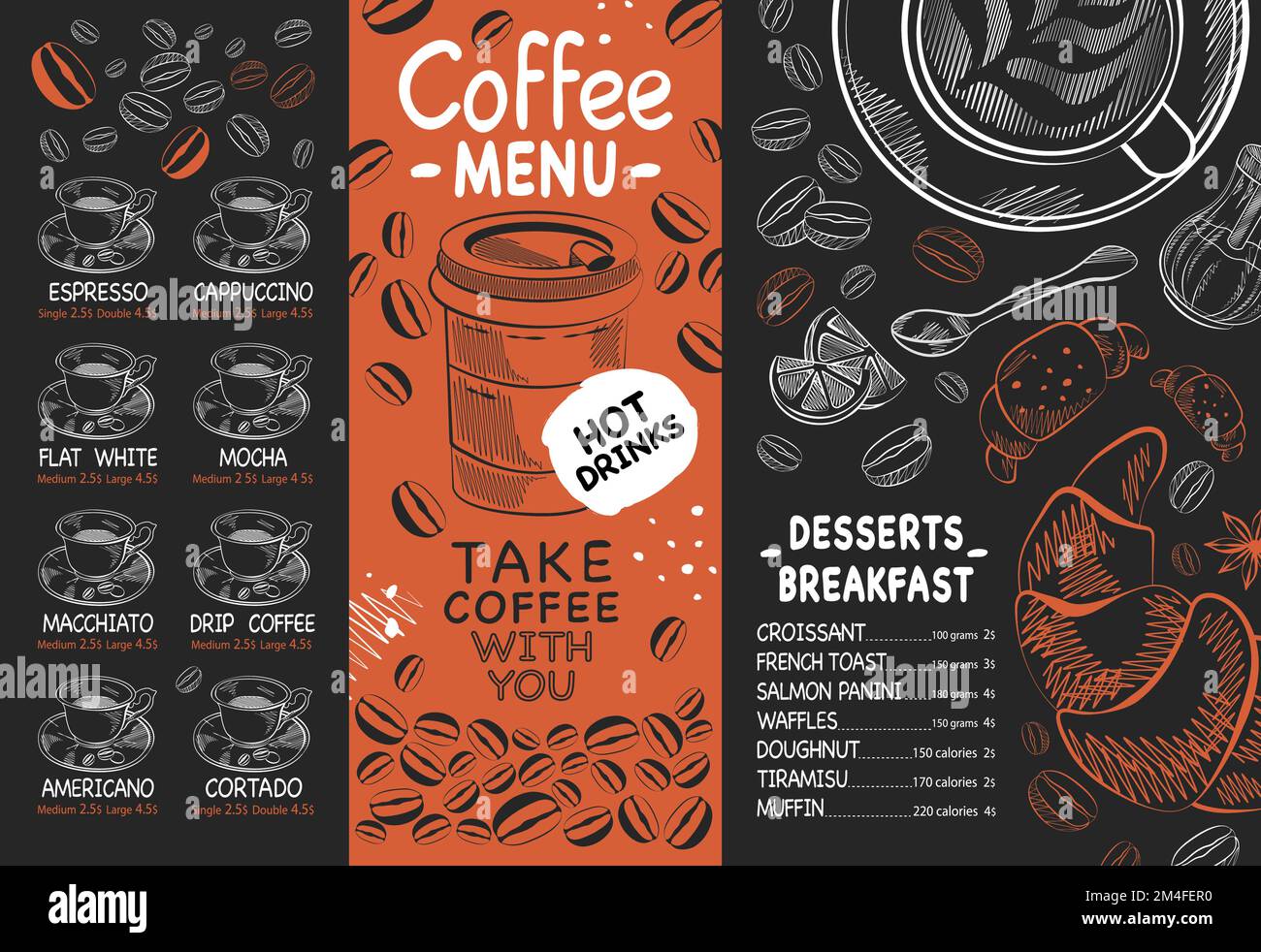 menu del caffè banner vettoriale disegnato a mano nero e arancione disegnato a mano Illustrazione Vettoriale