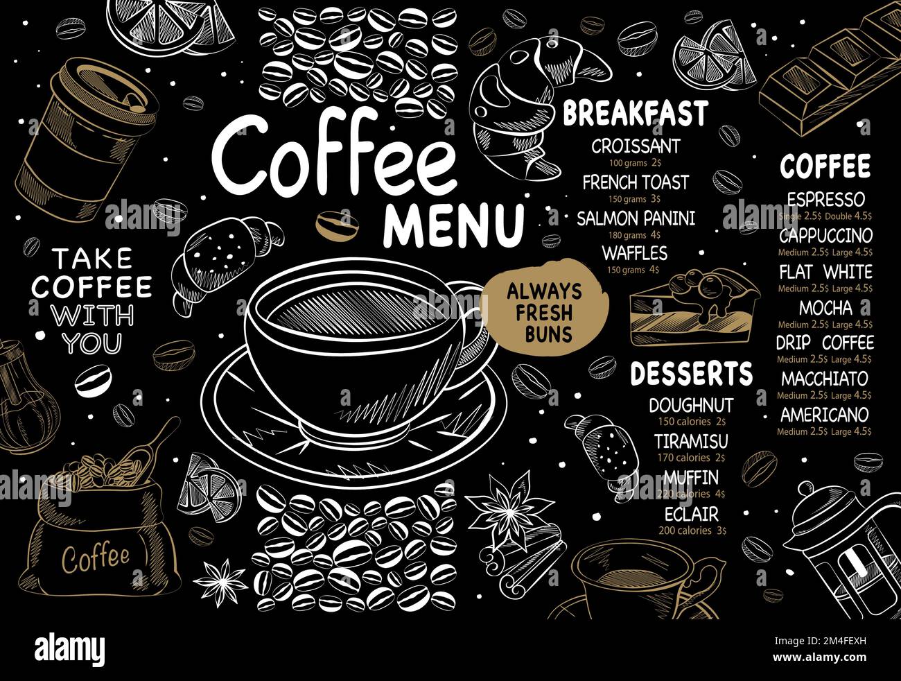 disegno a mano del menu del caffè con sfondo scuro nell'illustrazione Illustrazione Vettoriale