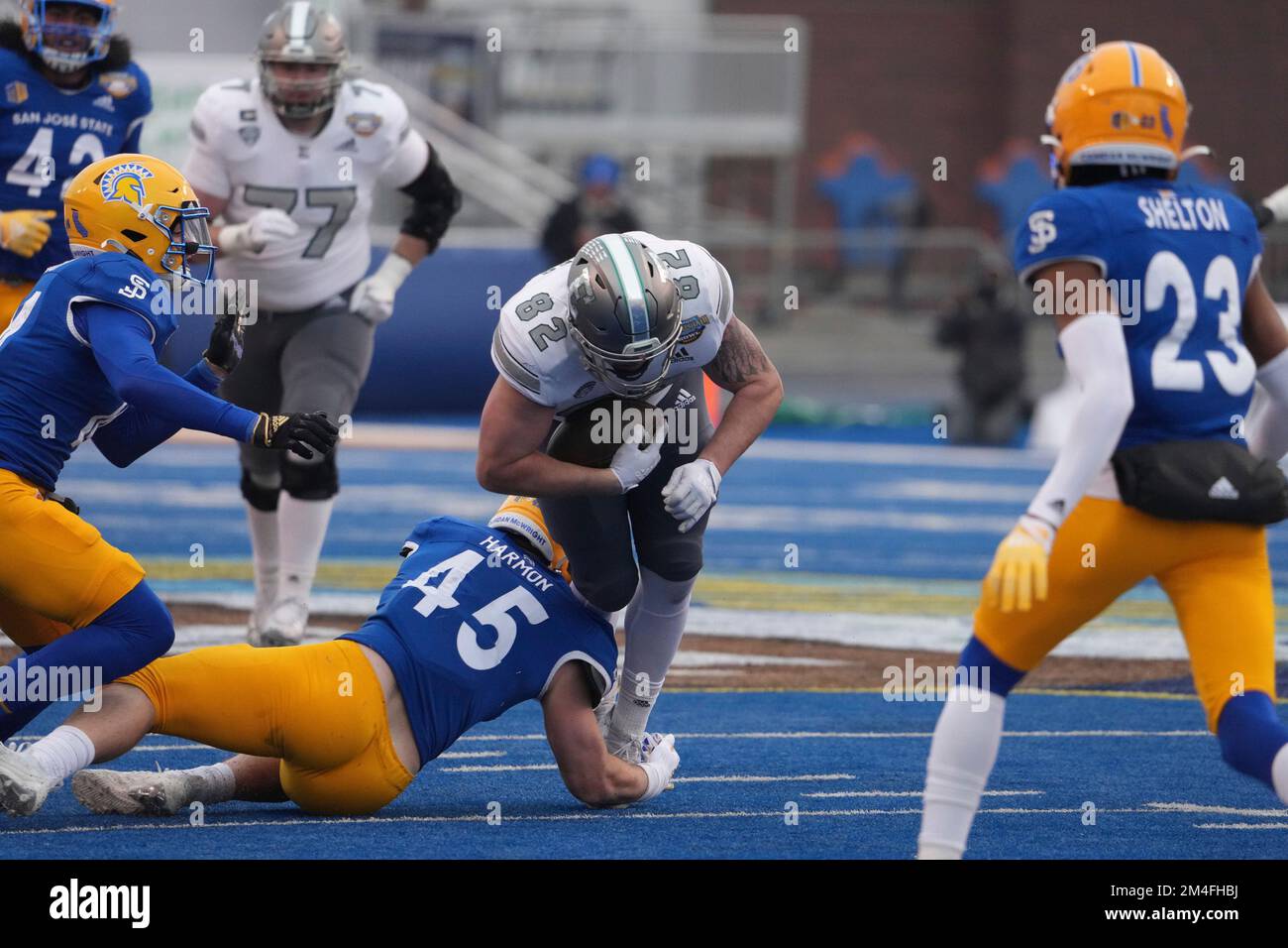 NCAA Football 20 2022 Potato Bowl: Michigan orientale ricevitore Gunnar Oakes (82) in azione durante la partita con il Michigan orientale e San Jose state tenuto all'Albertsons Stadium a Boise Id. David Seelig/Cal Sport medi Foto Stock