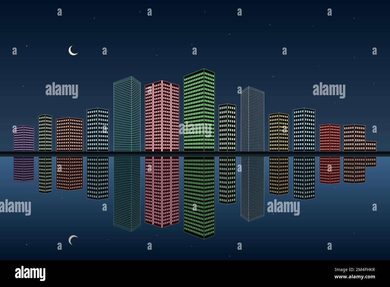 Luci al neon della grande città. Riflessione della metropoli nell'acqua. Illustrazione vettoriale. Illustrazione Vettoriale