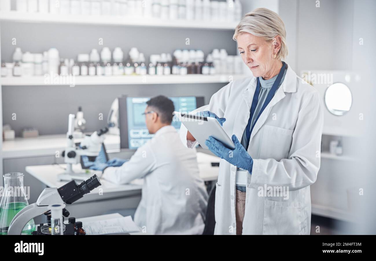 Donna, tablet e laboratorio di scienziato senior per analisi, ricerca o focalizzazione nello studio farmaceutico. Team scientifico, laboratorio o pianificazione per i futuri virus Foto Stock