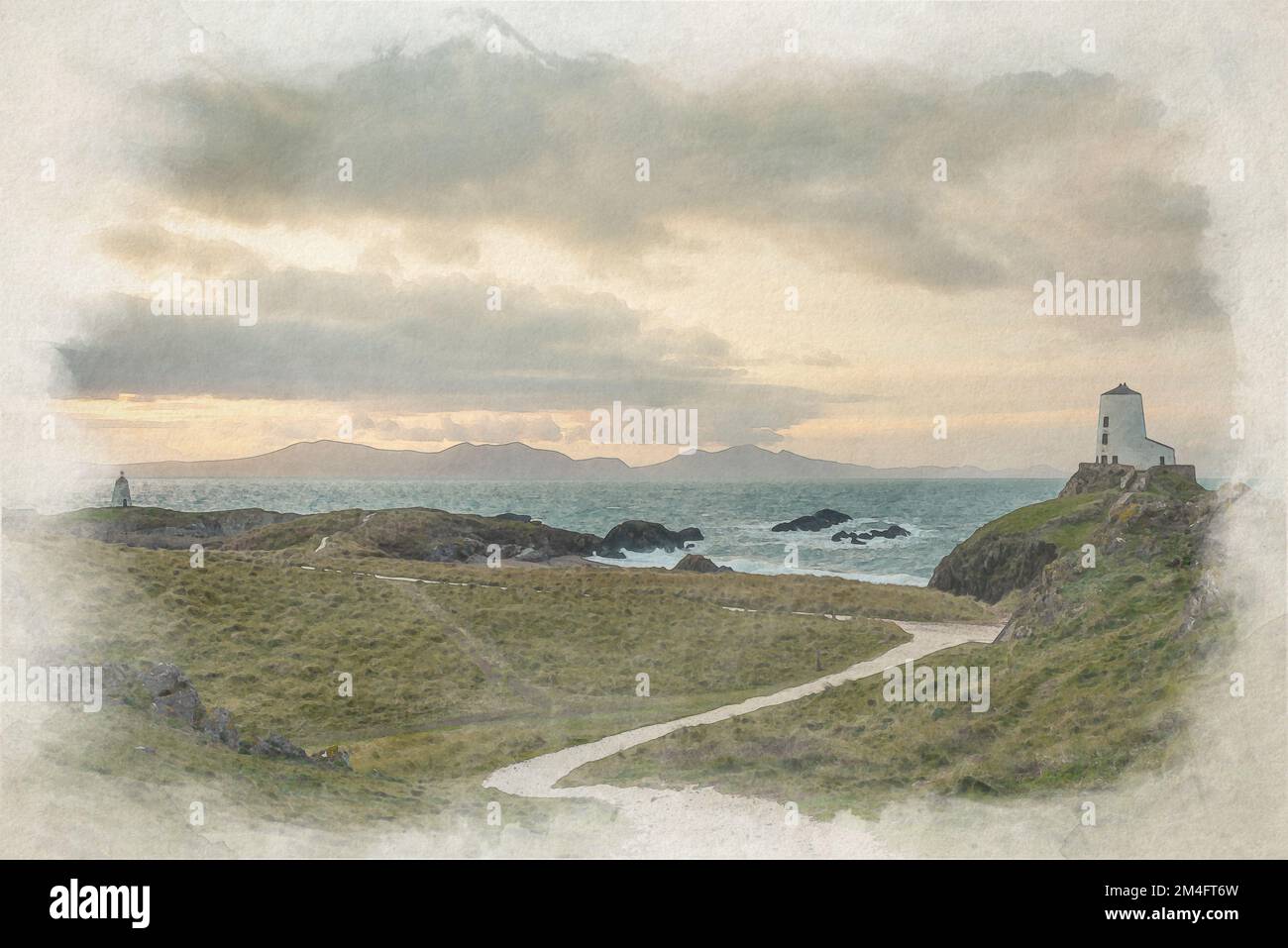 Il faro dell'isola di Llanddwyn. TWR Mawr Digital Watercolor painting at Ynys Llanddwyn on Anglesey, Wales, UK. Foto Stock