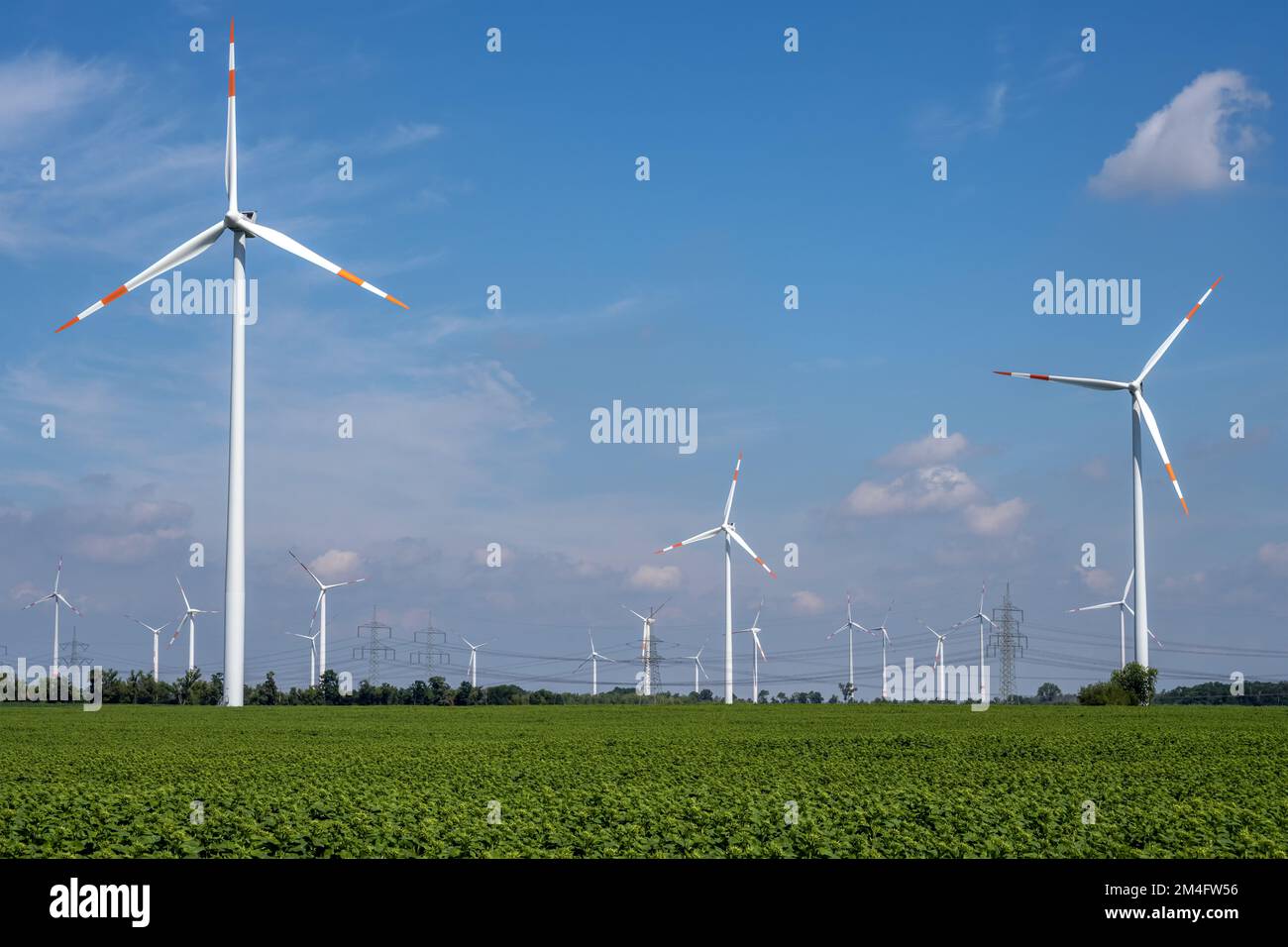 Turbine eoliche con linee elettriche sullo sfondo visto in Germania Foto Stock