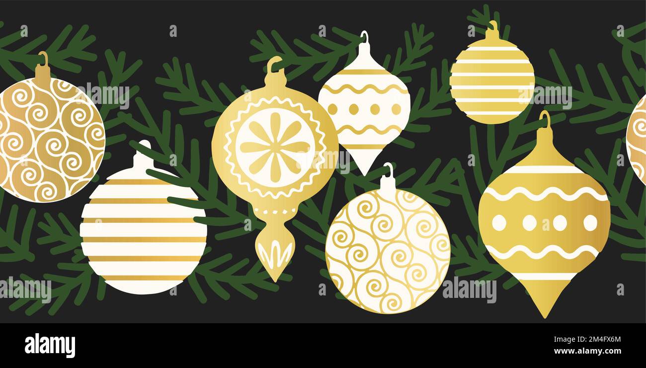 Golden Christmas baubles senza cuciture bordo vettoriale. Ripetizione modello orizzontale con elegante appeso ornamento natale oro faraone foi. Per le vacanze Illustrazione Vettoriale