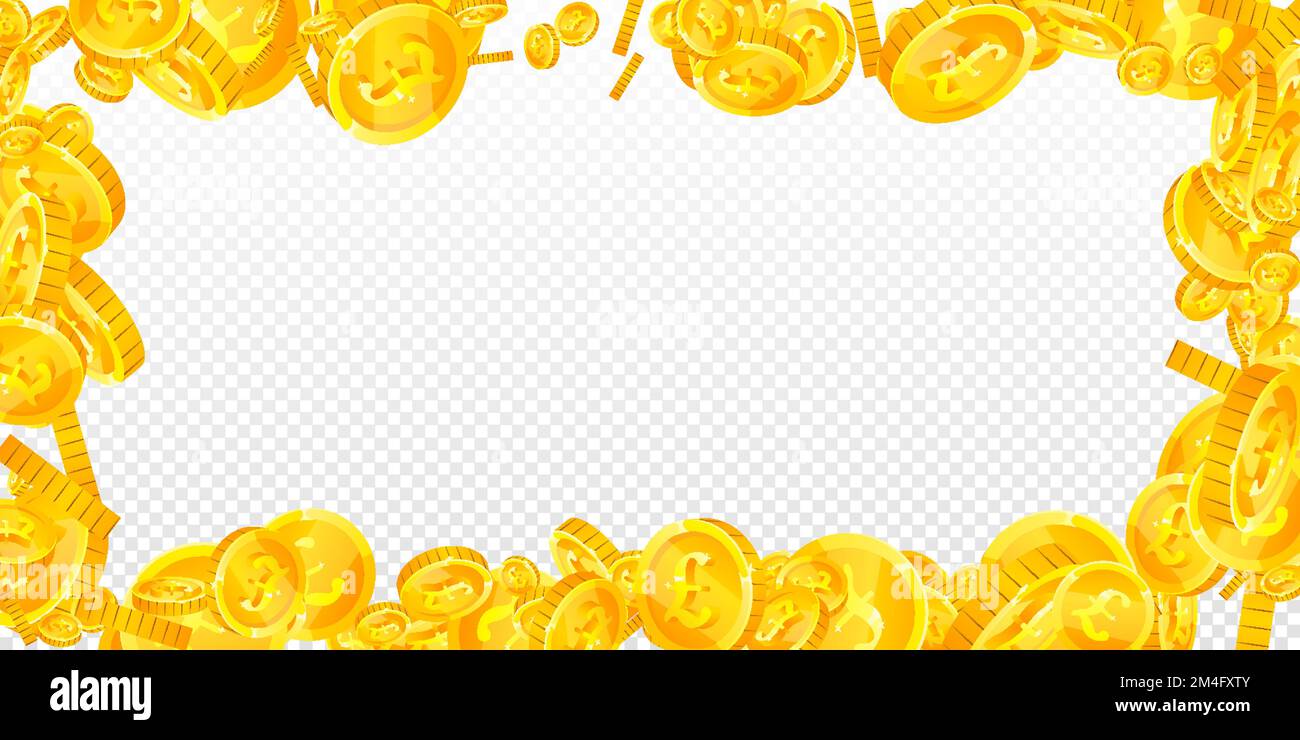 Le monete della sterlina britannica cadono. Monete d'oro in GBP sparse. Denaro del Regno Unito. Concetto di crisi finanziaria globale. Illustrazione di grandi vettori. Illustrazione Vettoriale