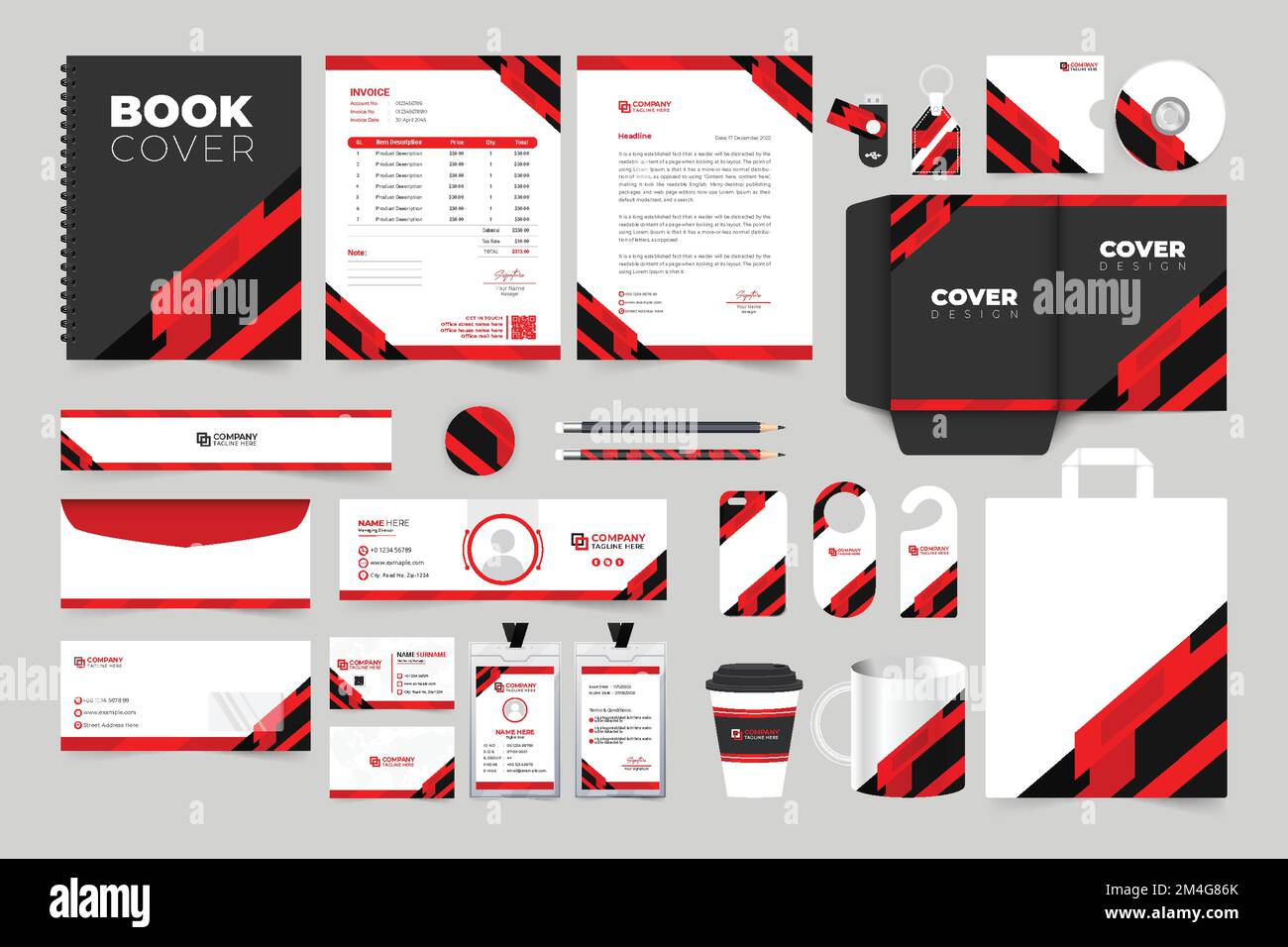 Design brand Identity per cancelleria da ufficio con forme nere e rosse. Modello di identità aziendale con forme di branding creative. Busi Illustrazione Vettoriale