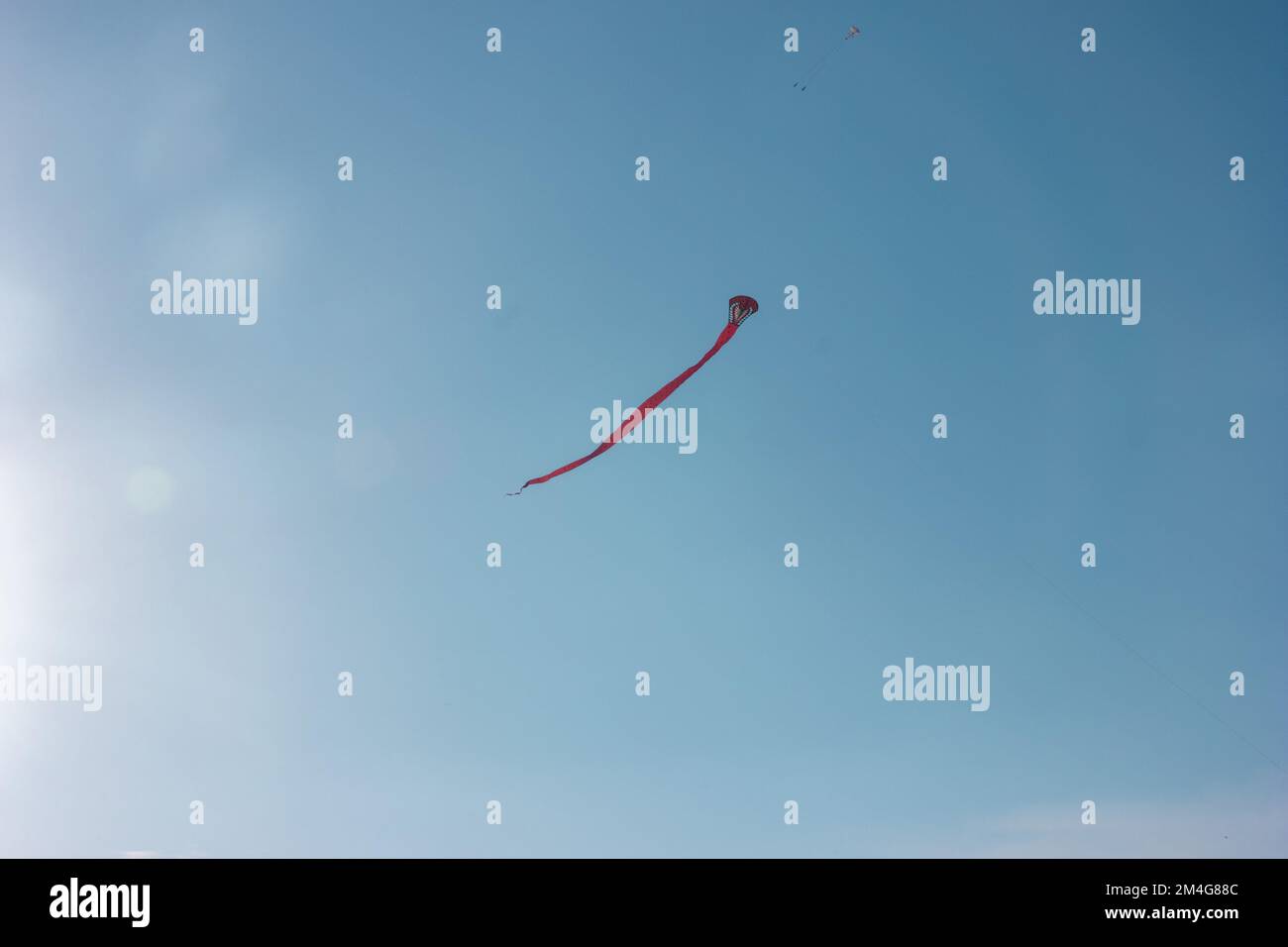 Aquilone rosso che vola nel cielo blu, aquilone coda lunga nel cielo, concetto di libertà, vista dal basso Foto Stock