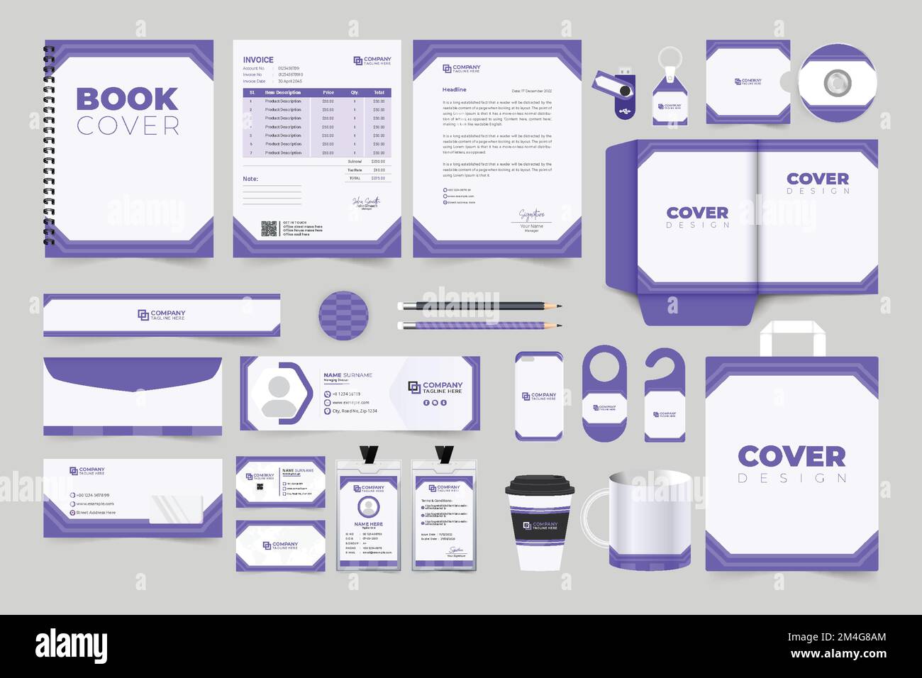 Modello di Office Stationery con forme viola creative. Modello di promozione del marchio moderno per il marketing. Brand Identity design Collection per Illustrazione Vettoriale