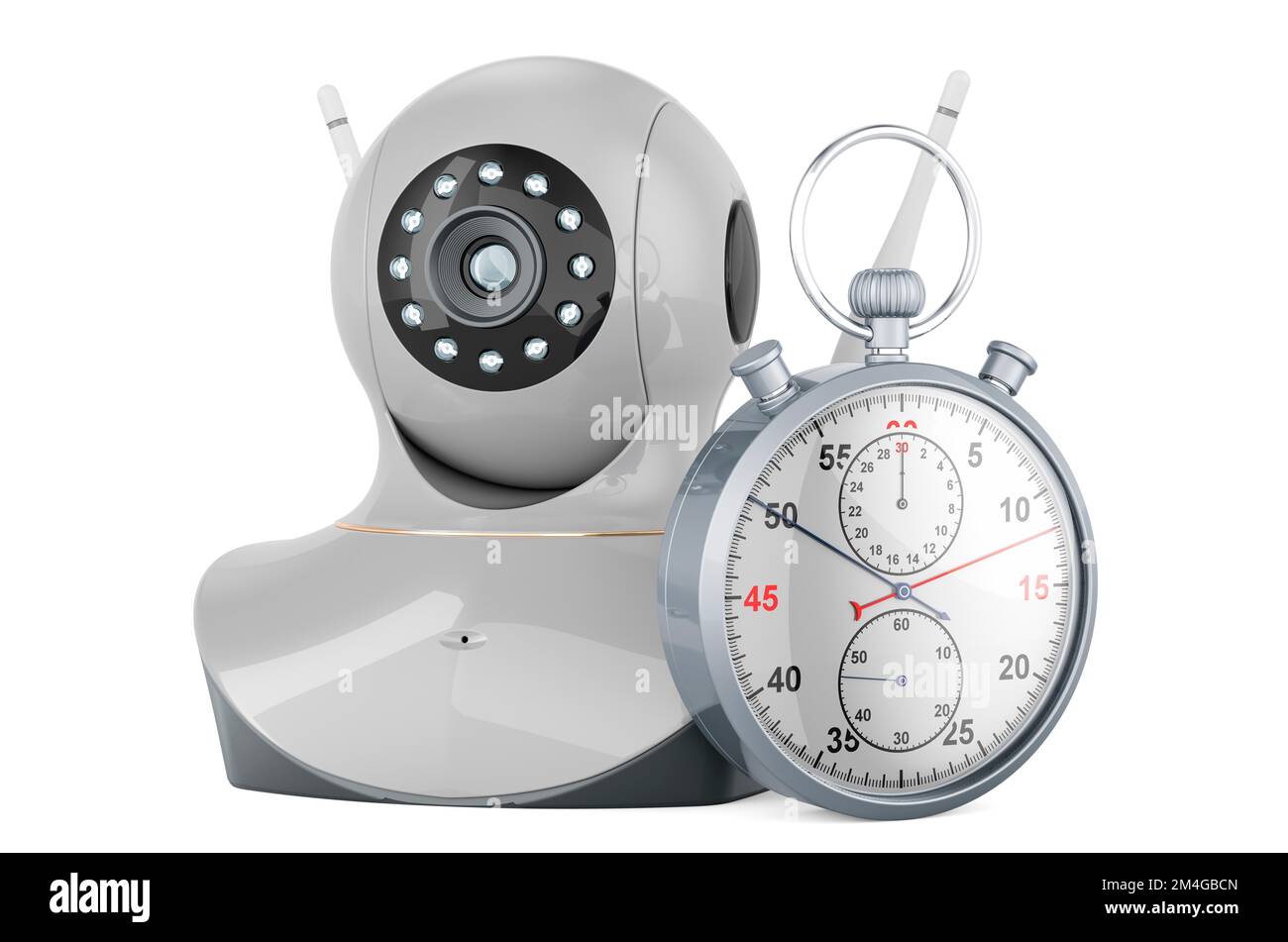 Videocamera Internet Protocol con cronometro, rendering 3D isolato su sfondo bianco Foto Stock