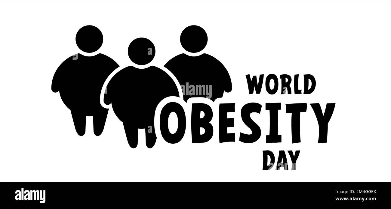 Cartoon mondo obesità giorno o celebrazione. Persone obese in salute con BMI, sovrappeso, problemi di obesità. Grassi, calorie uomo o donna. Indice di massa corporea Foto Stock
