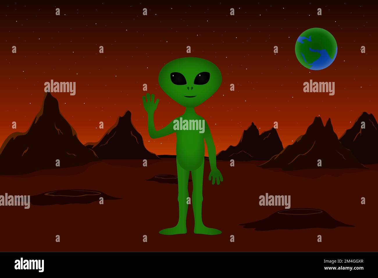 Alieno in piedi sulla superficie di Marte con la mano sollevata. Civiltà extraterrestre. Illustrazione vettoriale. Illustrazione Vettoriale