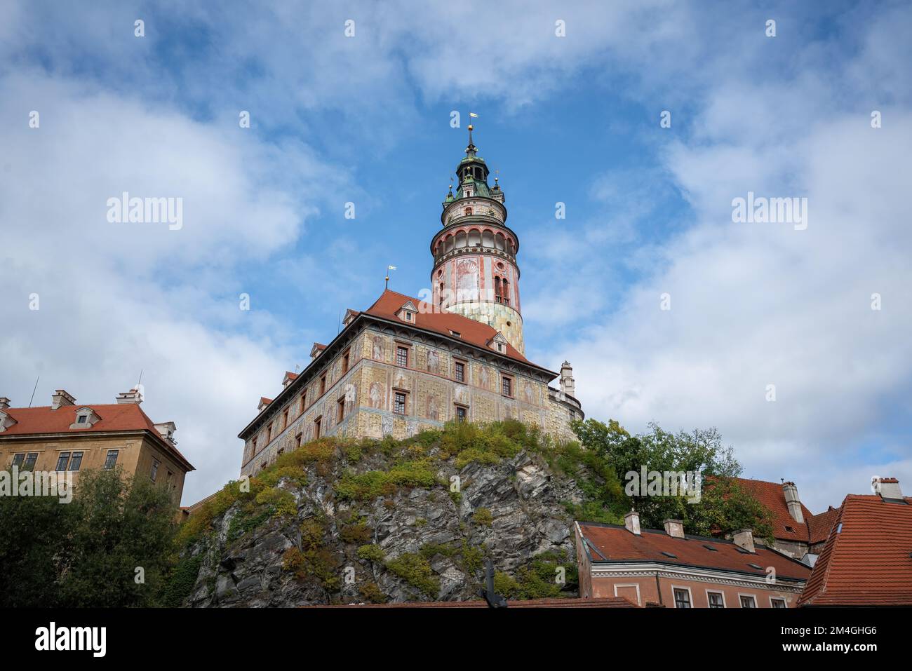 Torre del Castello di Cesky Krumlov e piccolo Castello - Cesky Krumlov, Repubblica Ceca Foto Stock