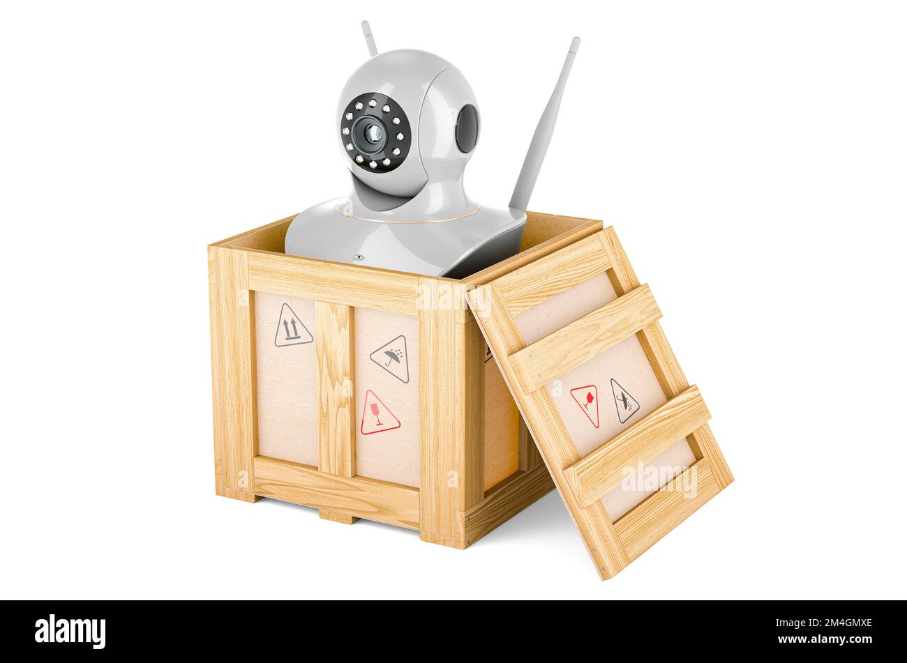 Videocamera Internet Protocol all'interno di una scatola di legno, concetto di consegna. 3D rendering isolato su sfondo bianco Foto Stock
