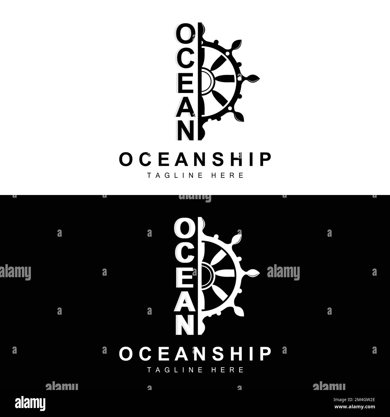 Logo Ship Steering, icone oceaniche vettore Ship Steering con onde oceaniche, ancora e corda barca a vela, marchio aziendale di vela Design Illustrazione Vettoriale