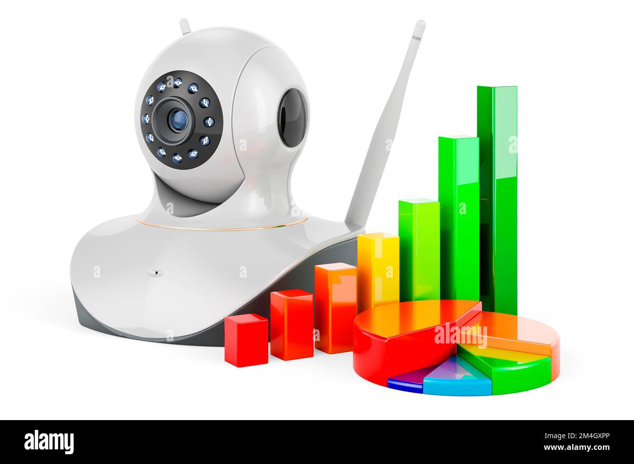 Videocamera Internet Protocol con grafico a barre di crescita e grafico a torta, rendering 3D isolato su sfondo bianco Foto Stock