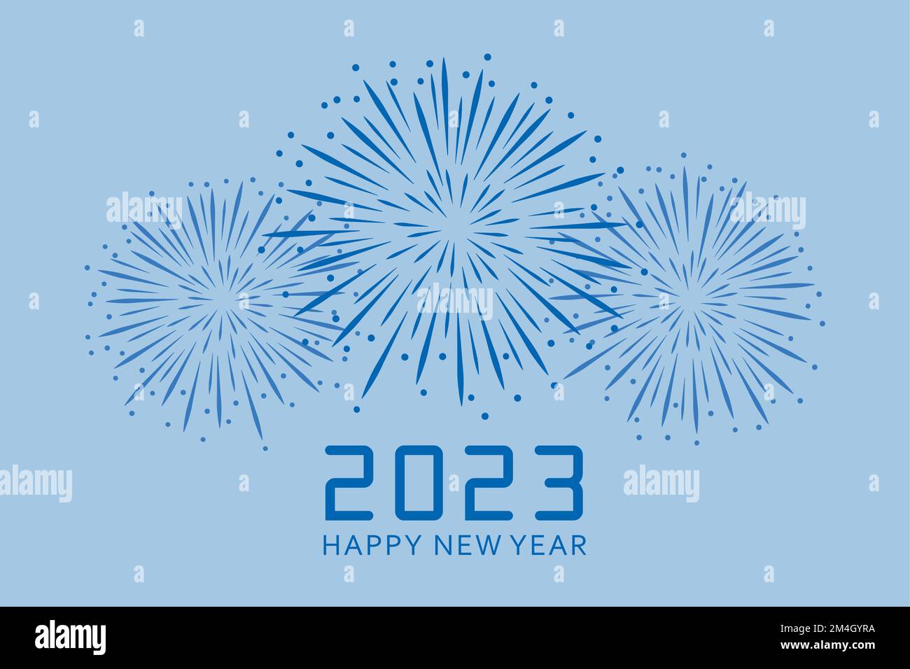 buon anno nuovo biglietto di auguri blu 2023 fuochi d'artificio Illustrazione Vettoriale