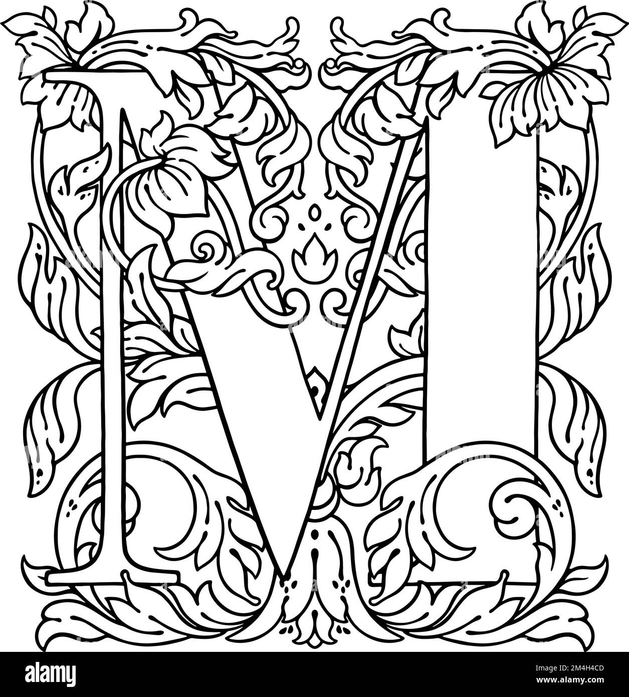 Lettera M ornamento floreale alfabeto monogramma. Bel logo vettoriale a lettere maiuscole floreali Illustrazione Vettoriale